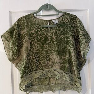 Hot & Delicious Olive Patterned Blouse with Lace Hem